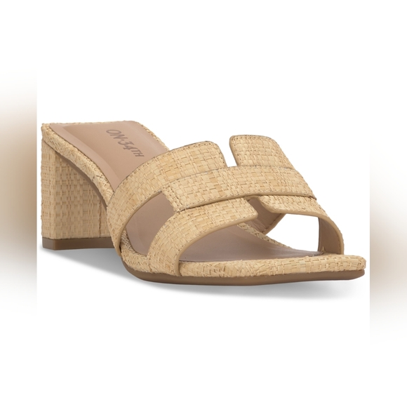 On 34th Shoes - Beige Woven Block Heel Mules - Women's Summer Slide